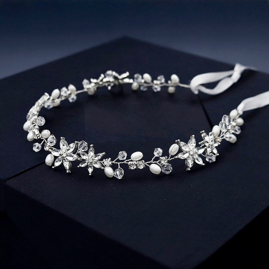 Marianne - Crystal and Pearl Bridal Headband - Available in Gold and Silver