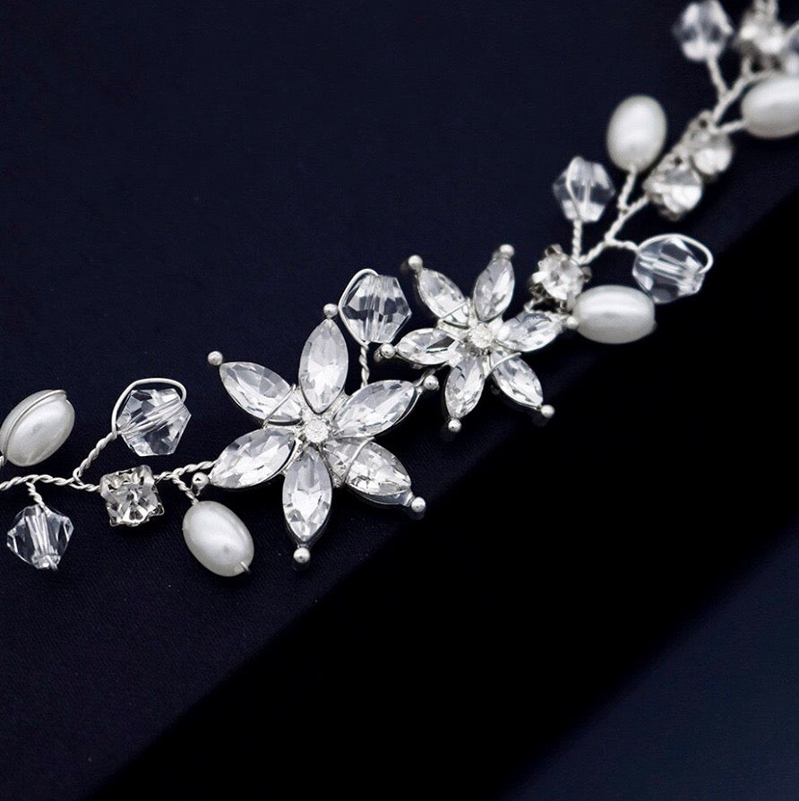 Marianne - Crystal and Pearl Bridal Headband - Available in Gold and Silver