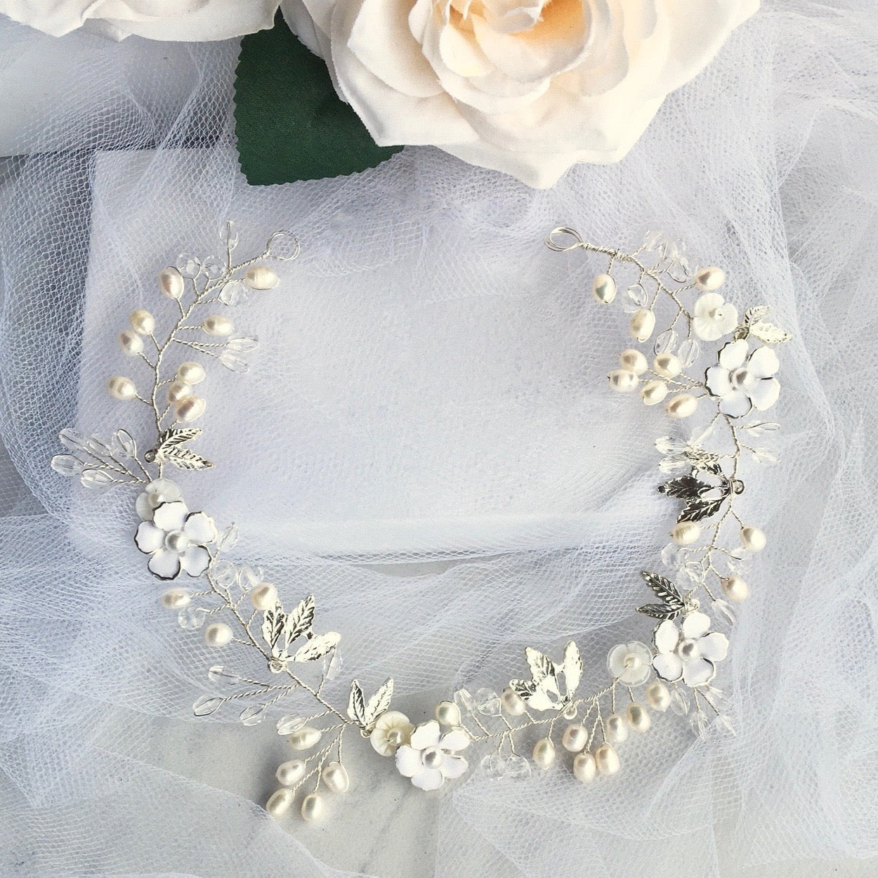Andiana - Freshwater Pearl and Crystal Bridal Headband / Vine - Available in Silver and Yellow Gold