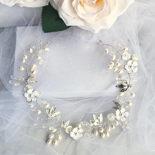 Andiana - Freshwater Pearl and Crystal Bridal Headband / Vine - Available in Silver and Yellow Gold