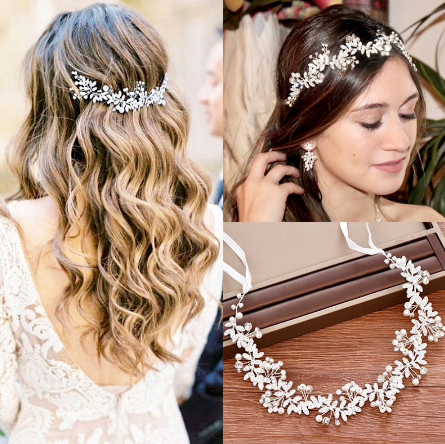 Adrielle - Pearl and Crystal Bridal Headband / Vine - Available in Rose Gold, Silver and Yellow Gold