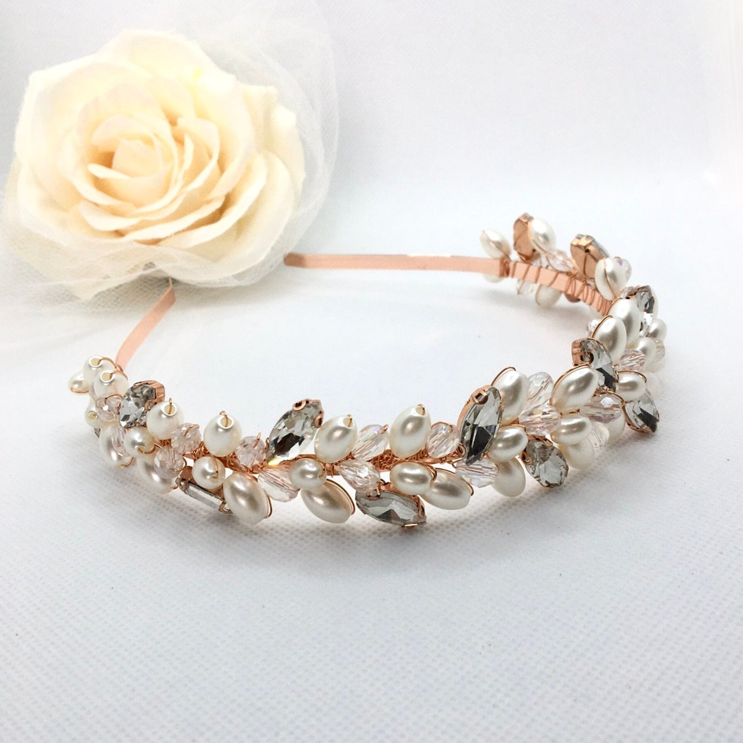 "Shayla" - Pearl and Crystal Bridal Headband - Available in Silver, Rose Gold and Yellow Gold