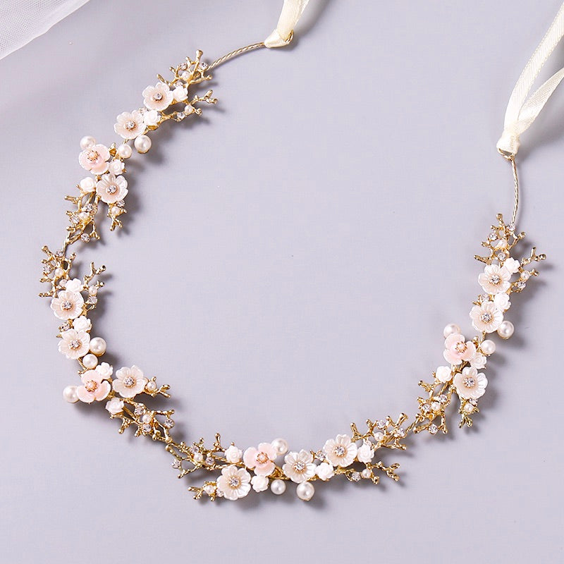 "Yvonne" - Pearl and Crystal Bridal Headband - Available in Yellow Gold, Rose Gold and Silver
