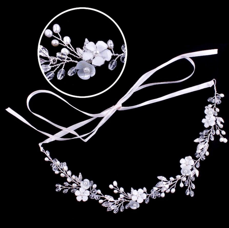 Andiana - Freshwater Pearl and Crystal Bridal Headband / Vine - Available in Silver and Yellow Gold