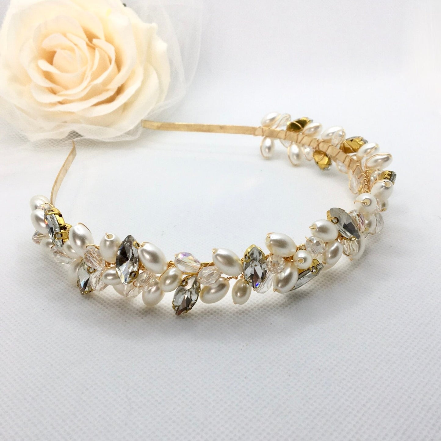 "Shayla" - Pearl and Crystal Bridal Headband - Available in Silver, Rose Gold and Yellow Gold
