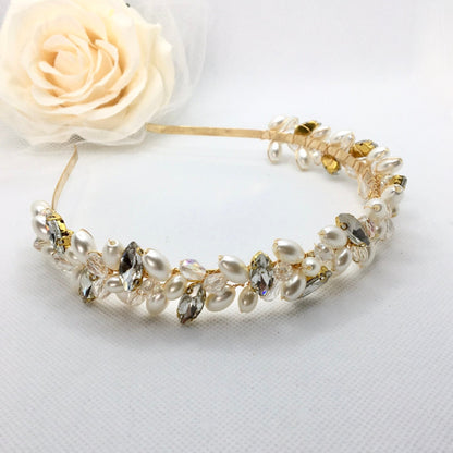 "Shayla" - Pearl and Crystal Bridal Headband - Available in Silver, Rose Gold and Yellow Gold