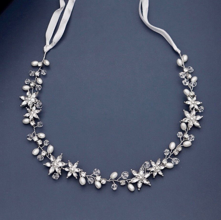 Marianne - Crystal and Pearl Bridal Headband - Available in Gold and Silver