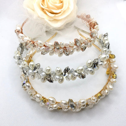 "Shayla" - Pearl and Crystal Bridal Headband - Available in Silver, Rose Gold and Yellow Gold