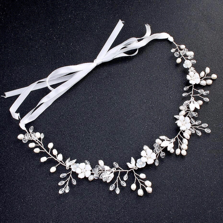Andiana - Freshwater Pearl and Crystal Bridal Headband / Vine - Available in Silver and Yellow Gold