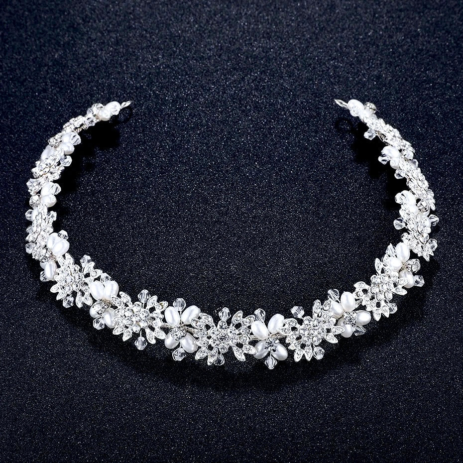 "Trixie" - Pearl and Crystal Bridal Headband - Available in Silver and Rose Gold