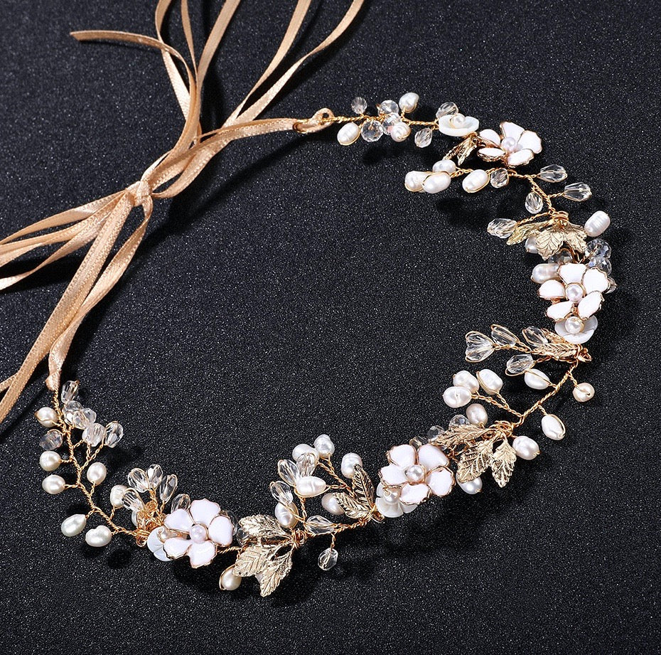 Andiana - Freshwater Pearl and Crystal Bridal Headband / Vine - Available in Silver and Yellow Gold