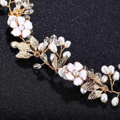 Andiana - Freshwater Pearl and Crystal Bridal Headband / Vine - Available in Silver and Yellow Gold