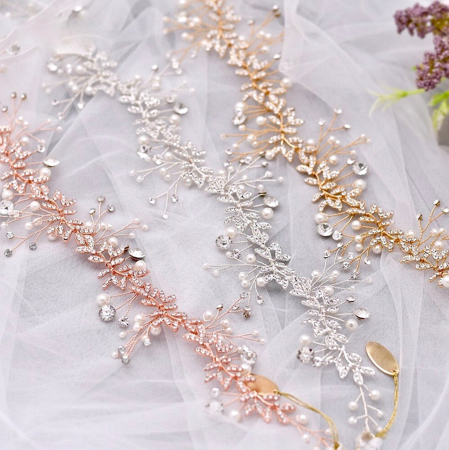 Adrielle - Pearl and Crystal Bridal Headband / Vine - Available in Rose Gold, Silver and Yellow Gold