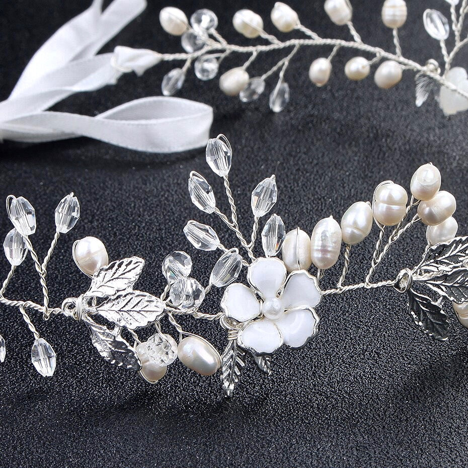 Andiana - Freshwater Pearl and Crystal Bridal Headband / Vine - Available in Silver and Yellow Gold