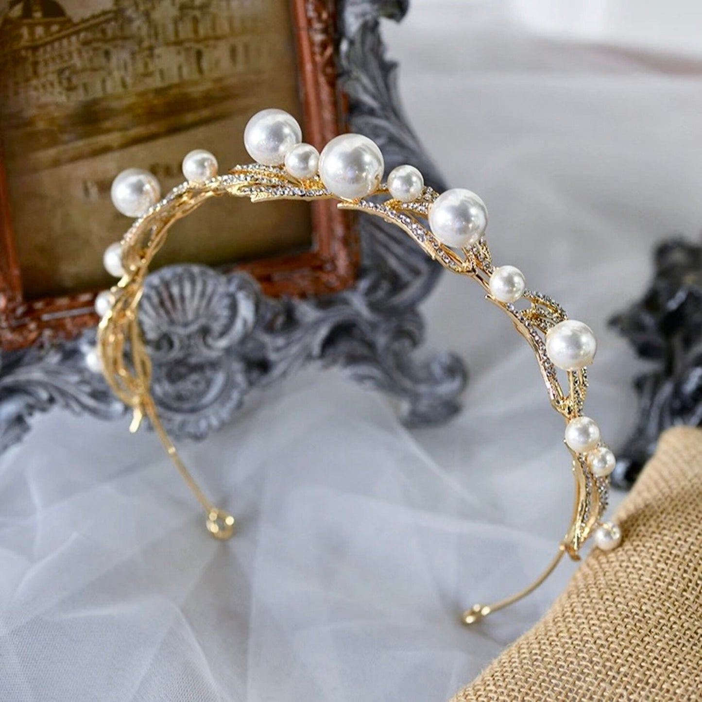 Montgomery - Pearl Bridal Headband / Tiara - Available in Silver and Gold
