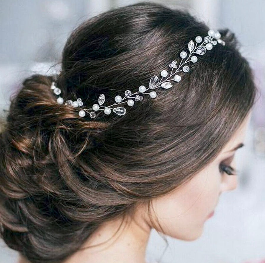 Shana - Pearl and Crystal Bridal Headband / Vine - Available in Silver and Yellow Gold