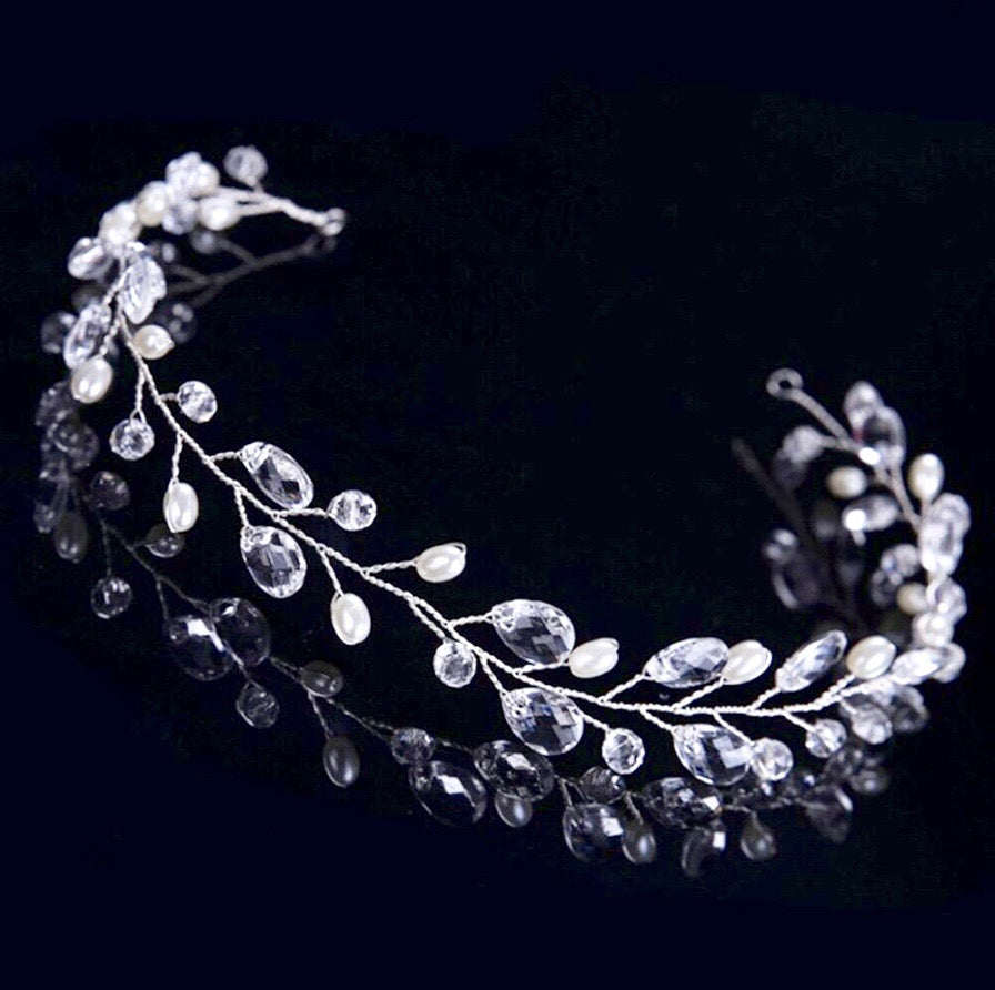 Shana - Pearl and Crystal Bridal Headband / Vine - Available in Silver and Yellow Gold