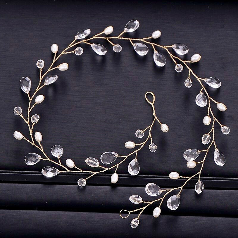 Shana - Pearl and Crystal Bridal Headband / Vine - Available in Silver and Yellow Gold