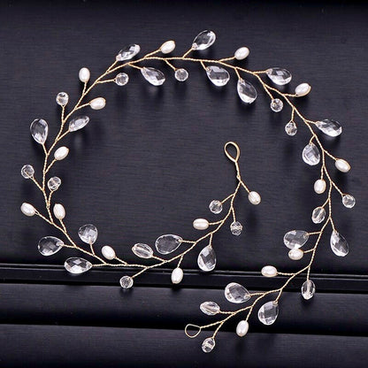 Shana - Pearl and Crystal Bridal Headband / Vine - Available in Silver and Yellow Gold