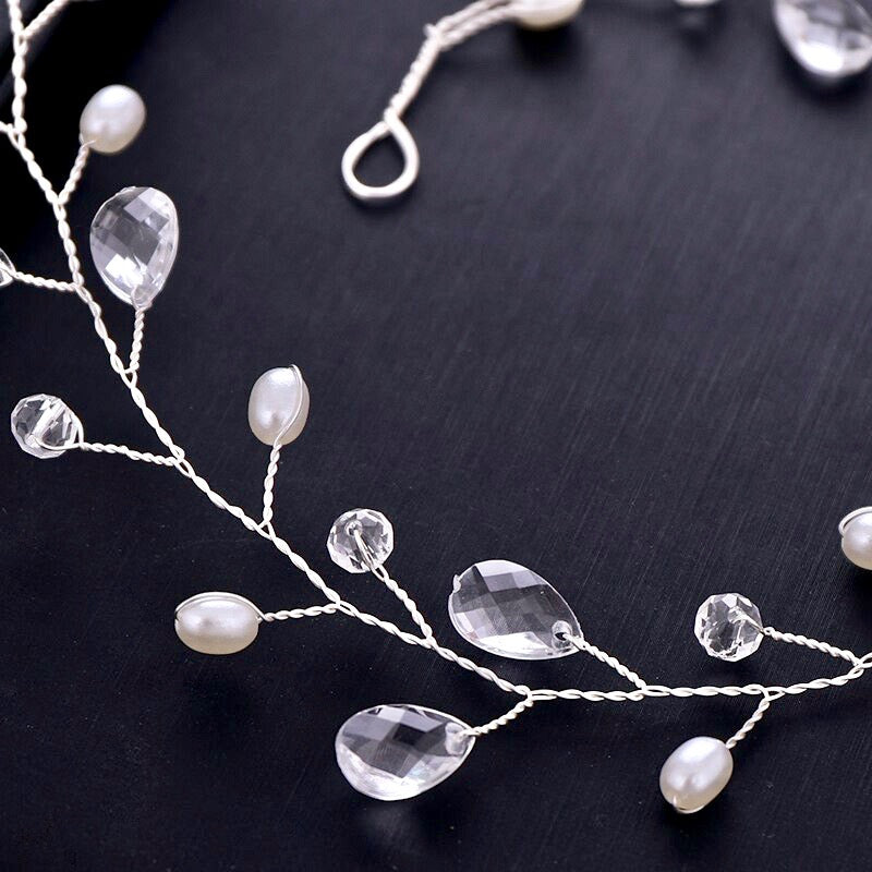 Shana - Pearl and Crystal Bridal Headband / Vine - Available in Silver and Yellow Gold