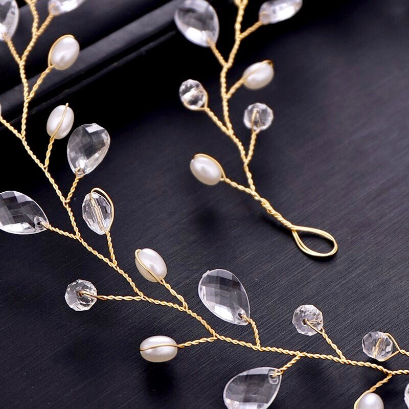 Shana - Pearl and Crystal Bridal Headband / Vine - Available in Silver and Yellow Gold