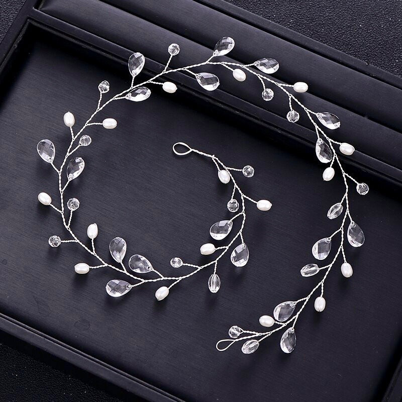 Shana - Pearl and Crystal Bridal Headband / Vine - Available in Silver and Yellow Gold