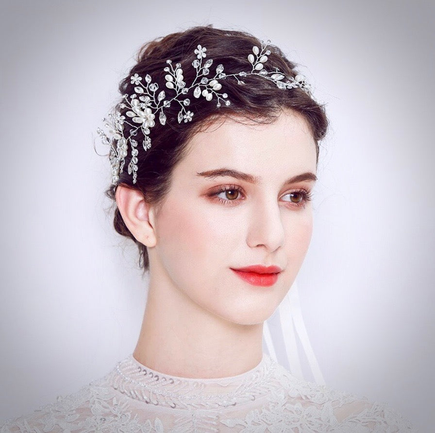 "Tivoli" - Silver Pearl and Crystal Bridal Headband / Hair Vine