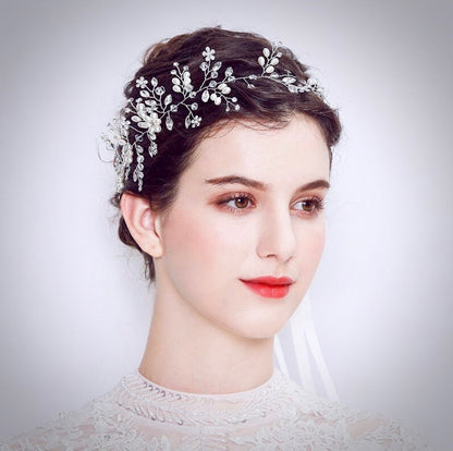 "Tivoli" - Silver Pearl and Crystal Bridal Headband / Hair Vine