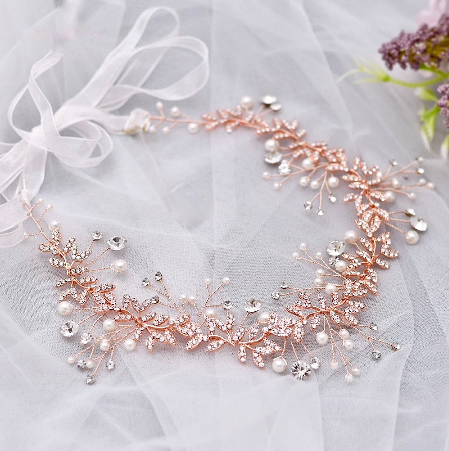 Adrielle - Pearl and Crystal Bridal Headband / Vine - Available in Rose Gold, Silver and Yellow Gold