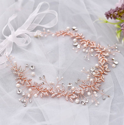 Adrielle - Pearl and Crystal Bridal Headband / Vine - Available in Rose Gold, Silver and Yellow Gold
