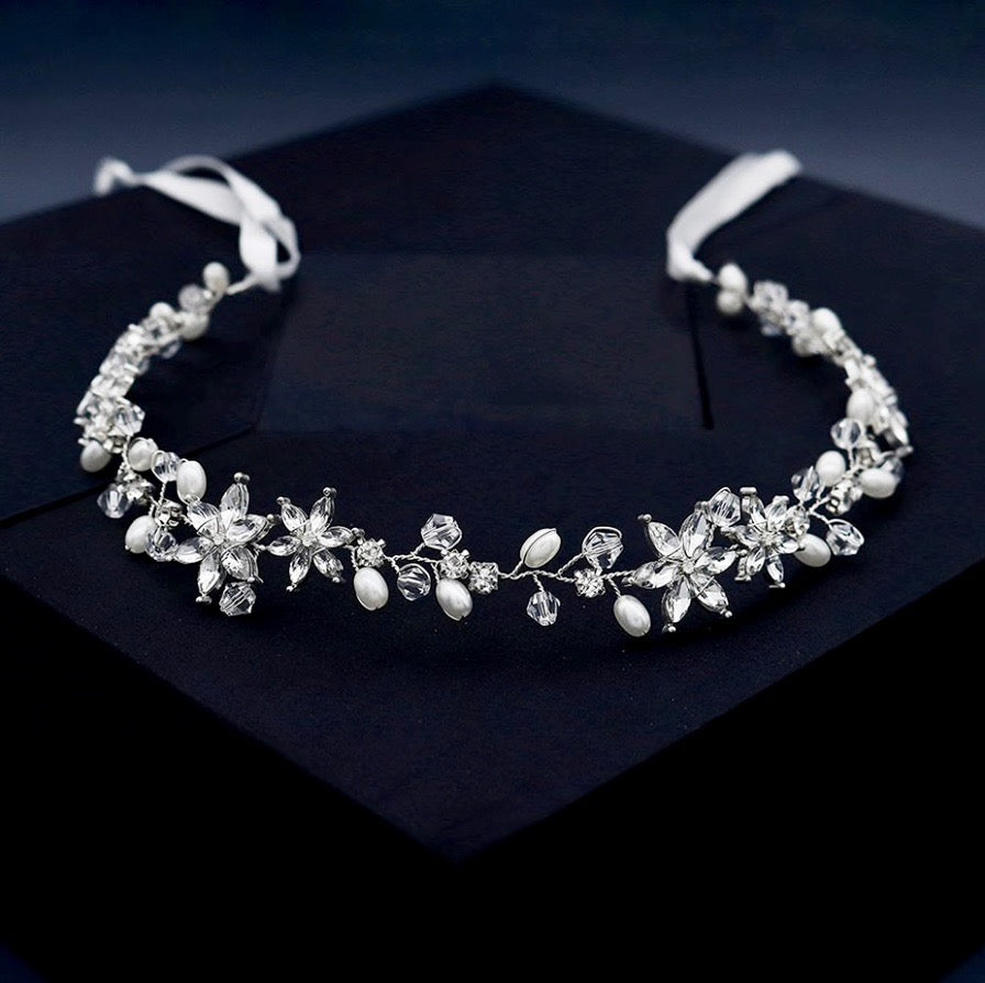 Marianne - Crystal and Pearl Bridal Headband - Available in Gold and Silver