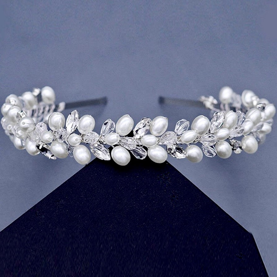 "Shayla" - Pearl and Crystal Bridal Headband - Available in Silver, Rose Gold and Yellow Gold