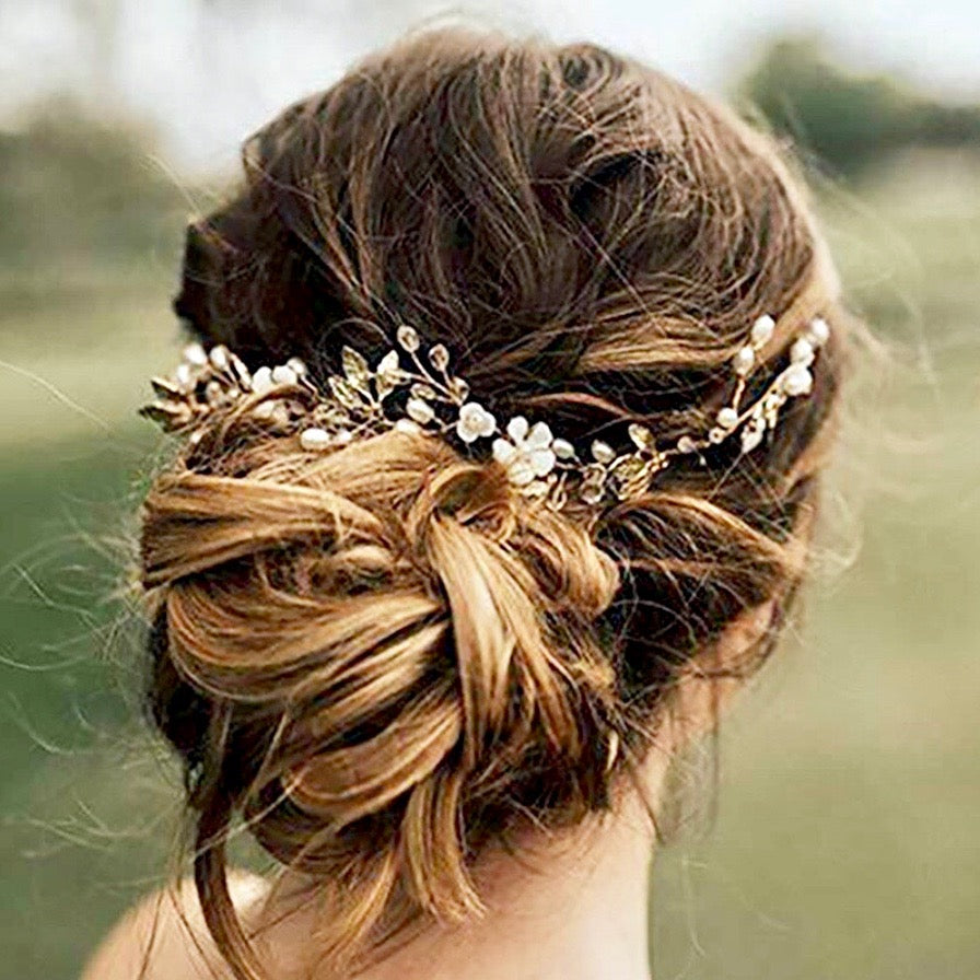 Andiana - Freshwater Pearl and Crystal Bridal Headband / Vine - Available in Silver and Yellow Gold
