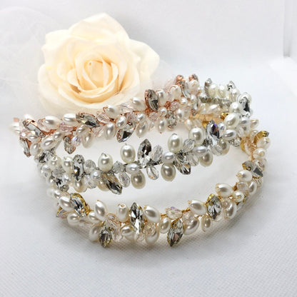 "Shayla" - Pearl and Crystal Bridal Headband - Available in Silver, Rose Gold and Yellow Gold