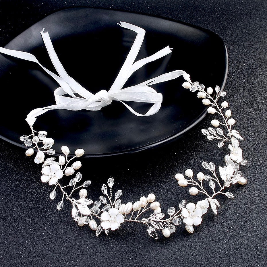 Andiana - Freshwater Pearl and Crystal Bridal Headband / Vine - Available in Silver and Yellow Gold