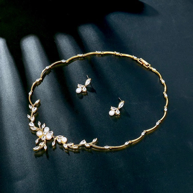 Anna - Freshwater Pearl and Cubic Zirconia Bridal Jewelry Set - Available in Silver, Rose Gold and Yellow Gold