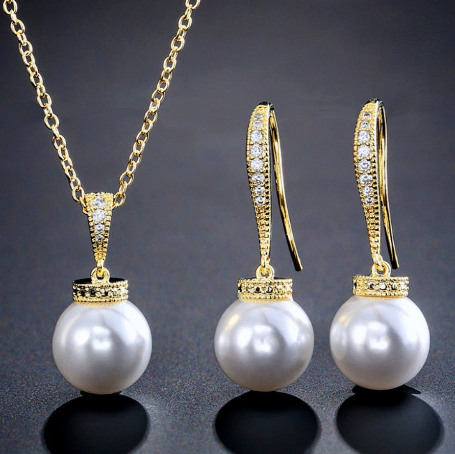 Stacey - Pearl and Cubic Zirconia Bridal Jewelry Set - Available in Silver, Rose Gold and Yellow Gold