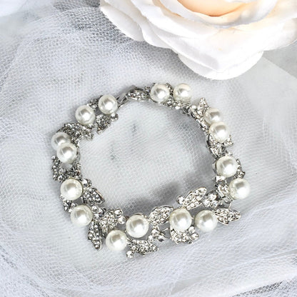 Sidra - Pearl and Rhinestone Bridal Bracelet - Available in Silver and Gold