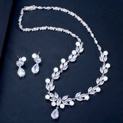 Tamron - Pearl and Cubic Zirconia Bridal Necklace and Earrings Set