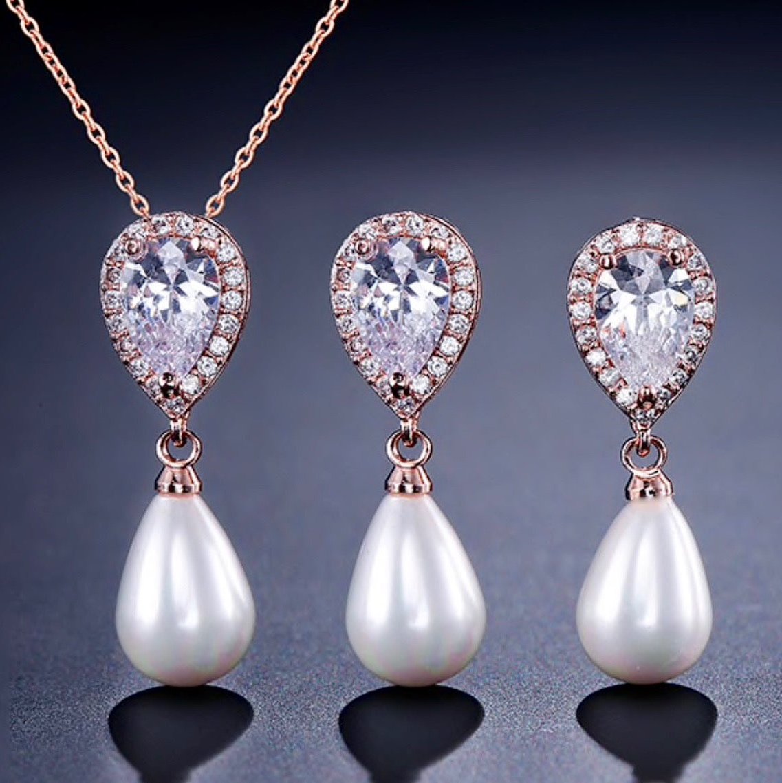 Janna - Pearl and Cubic Zirconia Bridal Necklace and Earrings Set - Available in Silver, Rose Gold and Yellow Gold
