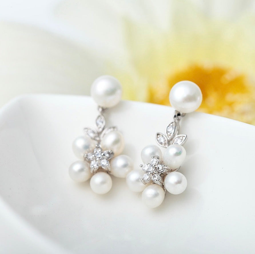 "Liv" - Pearl and Cubic Zirconia Bridal Necklace and Earrings Set