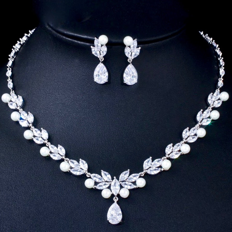 Tamron - Pearl and Cubic Zirconia Bridal Necklace and Earrings Set