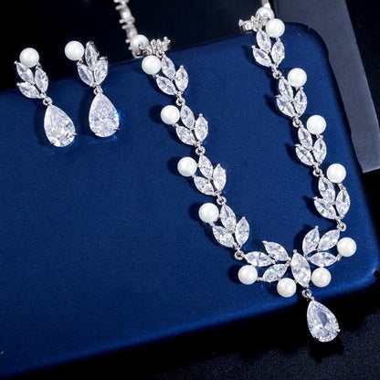 Tamron - Pearl and Cubic Zirconia Bridal Necklace and Earrings Set
