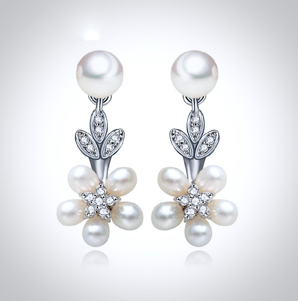 "Liv" - Pearl and Cubic Zirconia Bridal Necklace and Earrings Set