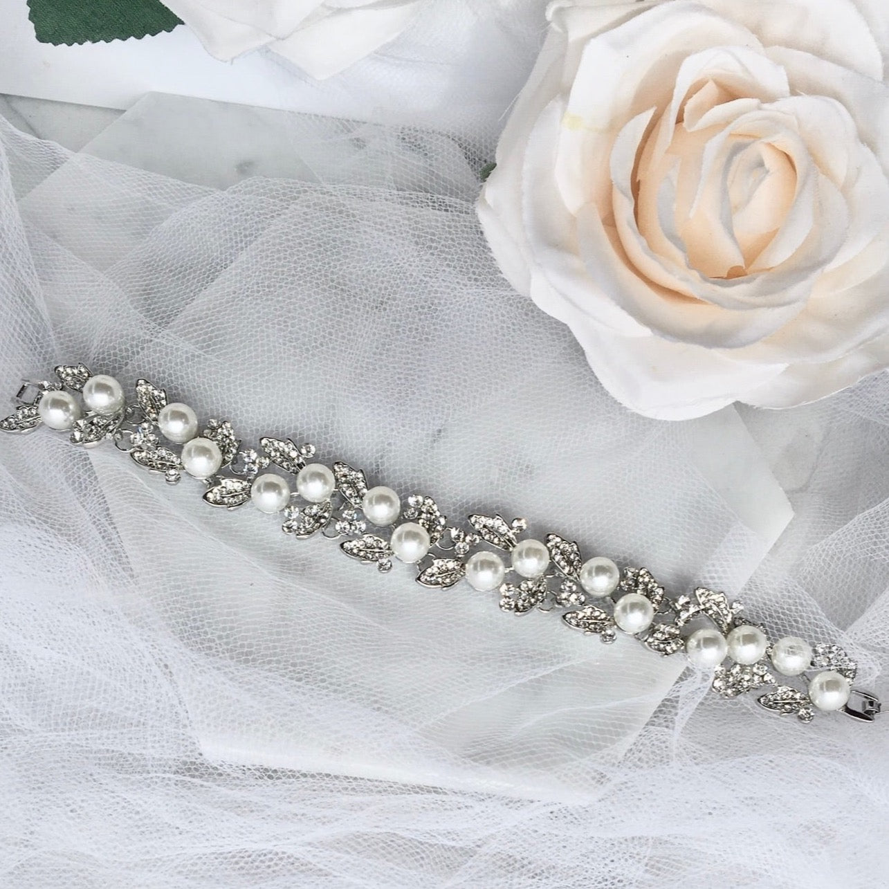 Sidra - Pearl and Rhinestone Bridal Bracelet - Available in Silver and Gold