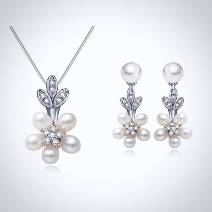 "Liv" - Pearl and Cubic Zirconia Bridal Necklace and Earrings Set