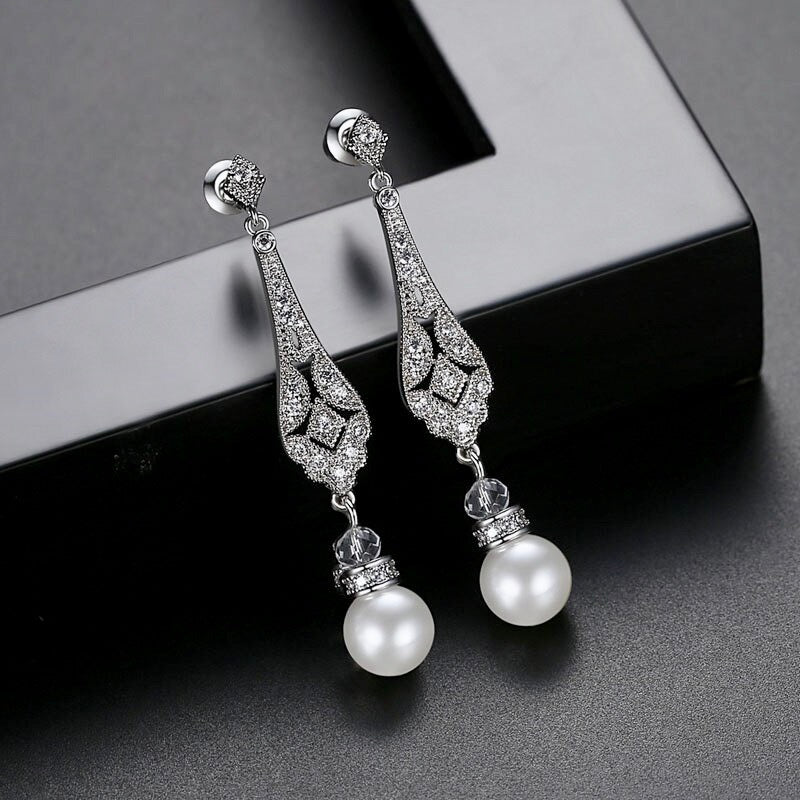 "Aretha" - Pearl and Cubic Zirconia Bridal Jewelry Set