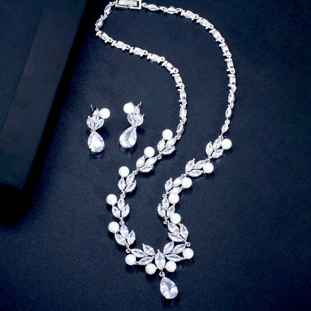 Tamron - Pearl and Cubic Zirconia Bridal Necklace and Earrings Set