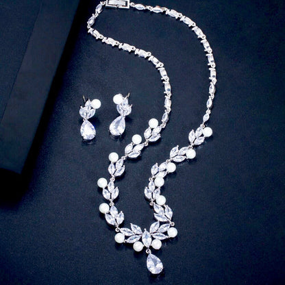 Tamron - Pearl and Cubic Zirconia Bridal Necklace and Earrings Set