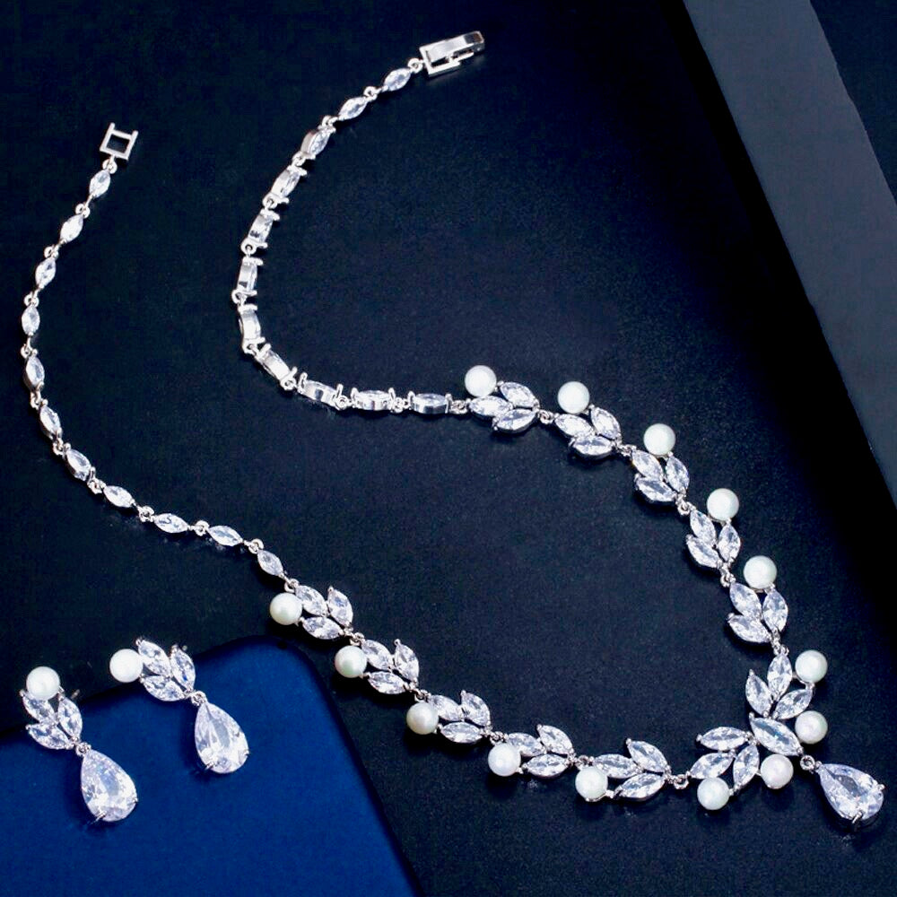 Tamron - Pearl and Cubic Zirconia Bridal Necklace and Earrings Set